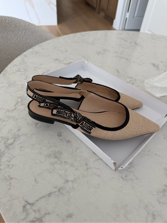 Dior Shoes - Dior Beige Pointed Raffia Slingback Flats with Black Trimnp